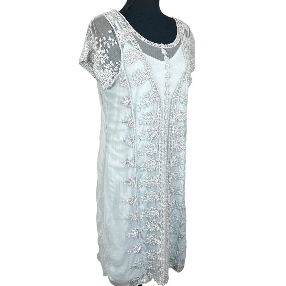 SUNDANCE Mint Green Lace Overlay Short Sleeve Sheer Embroidered Dress Size Large
